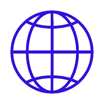 headful software A blue globe icon with latitude and longitude lines, symbolizing global customer communication, on a transparent background.