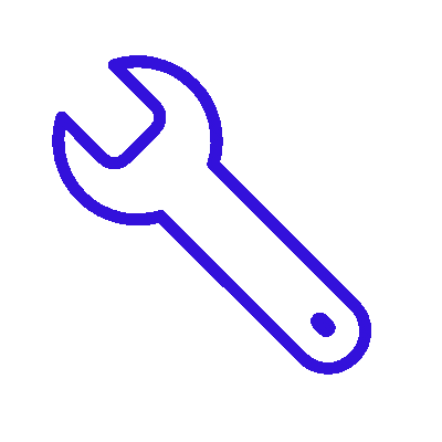 headful software Blue outline of a wrench icon tilted diagonally to the right on a transparent background, symbolizing service and communication.