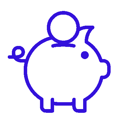 headful software Outline of a piggy bank with a coin being inserted on top, drawn in blue line art, symbolizing smart savings and effective sales communication.
