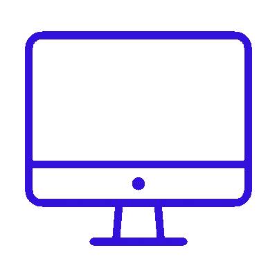 headful software Blue outline of a desktop computer monitor with a stand, symbolizing Service Communication, shown on a white background.