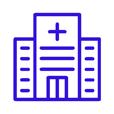 headful software Simple blue line drawing of a hospital building with a cross symbol above the entrance, representing clear Project Communication in healthcare settings.