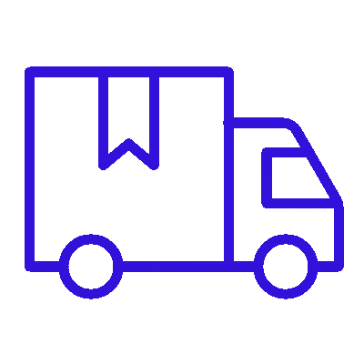 headful software Outline of a delivery truck with a box and a label symbol on the cargo area, in blue—perfect for illustrating Project Communication and efficient logistics.