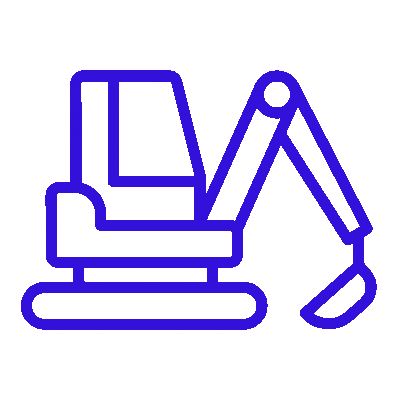 headful software Blue outline icon of an excavator with a bucket arm, viewed from the side—ideal for illustrating Project Communication in construction and engineering contexts.